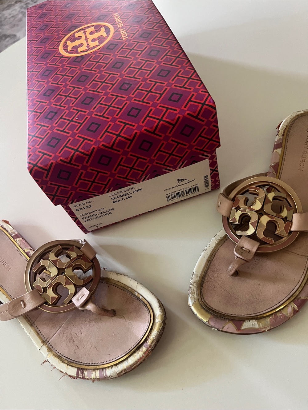 Tory Burch Pink Leather Logo Thong Sandals with Gold Medallions